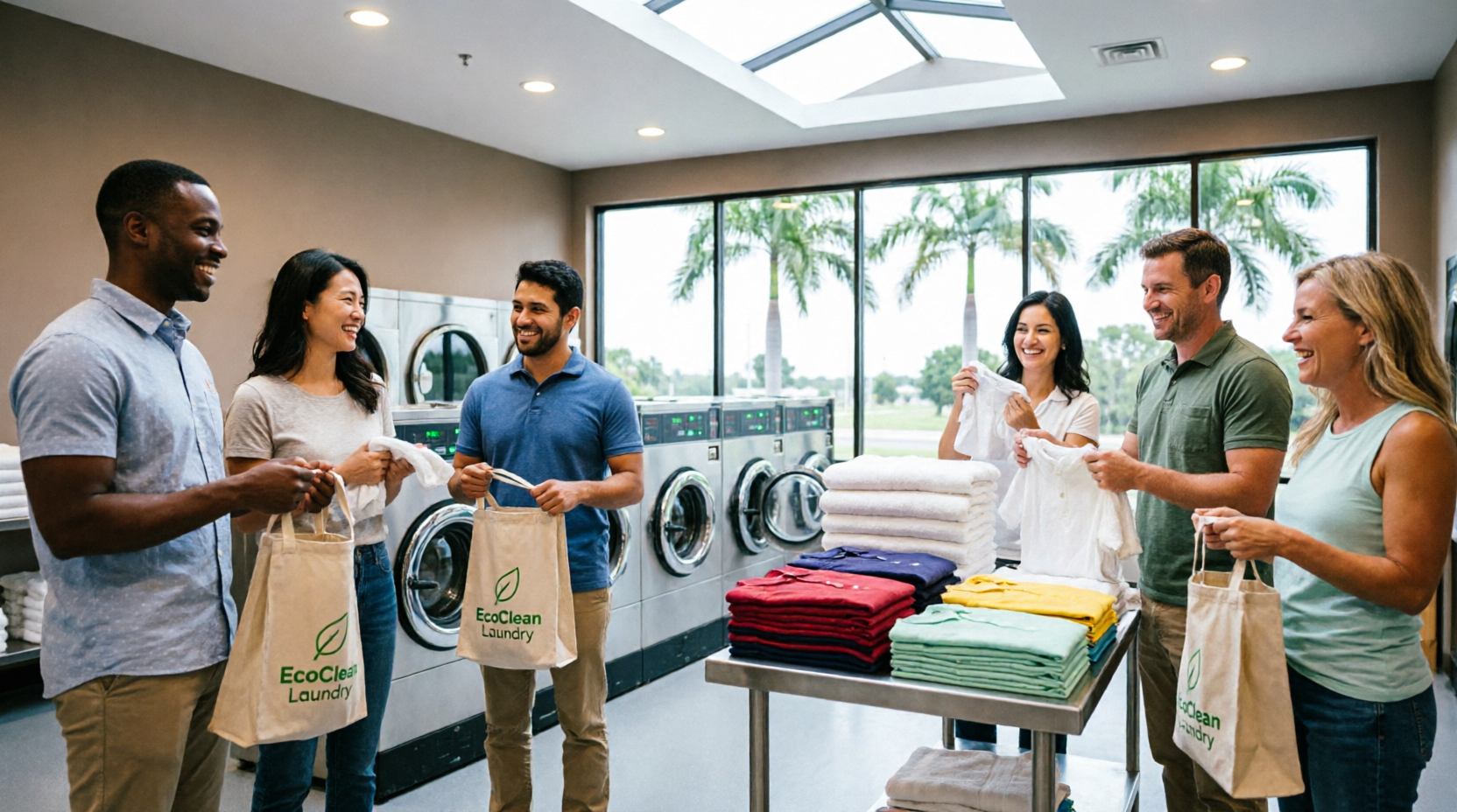 Modern eco-friendly laundry facility in Tampa, Florida with diverse adult customers