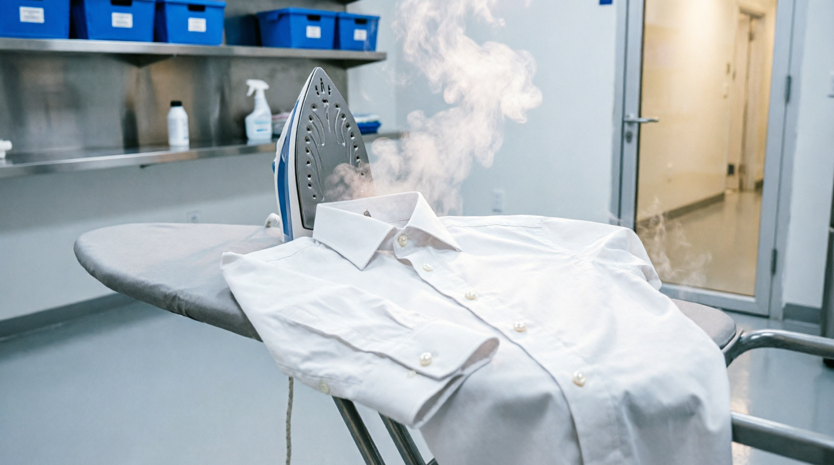 Professional ironing service: crisp white shirt being pressed